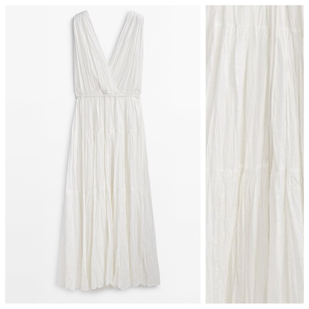 NWT. Massimo Dutti White 100% Cotton Pleated Midi Dress with Drawstring. Size L. - Picture 7 of 12